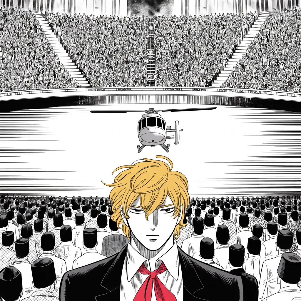 Manga panel 3 of 5, Week 24 “Twelve Thousand Faces”: A helicopter descends toward an arena ringed by a vast halftone sea of people overflowing every road and lot, dark caps massed in endless rows, all held to the middle strip of the frame