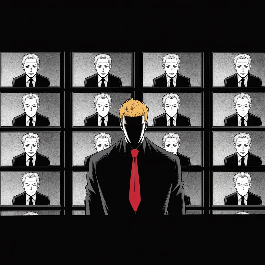 Dark tower office lit by a wall of television screens; on every screen a slim dignified man, graying close-cropped hair, calm bearing, speaks from behind a desk; a heavyset silhouette watches from shadow, long necktie catching the glow.