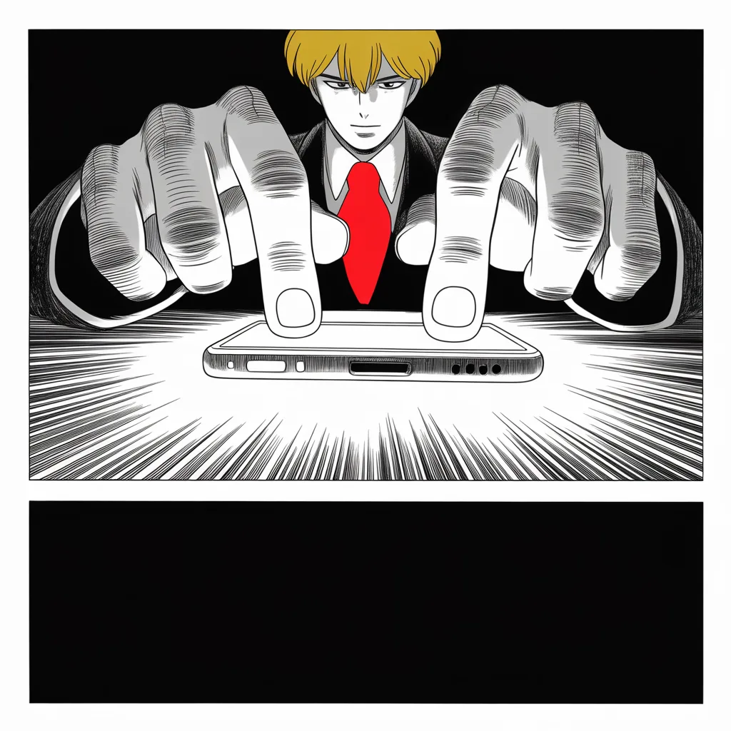 Extreme close-up of thumbs hovering over a glowing phone screen in total darkness, harsh light carving deep chiaroscuro across the knuckles, screentone glare, speed lines radiating from the screen like a weapon being drawn.