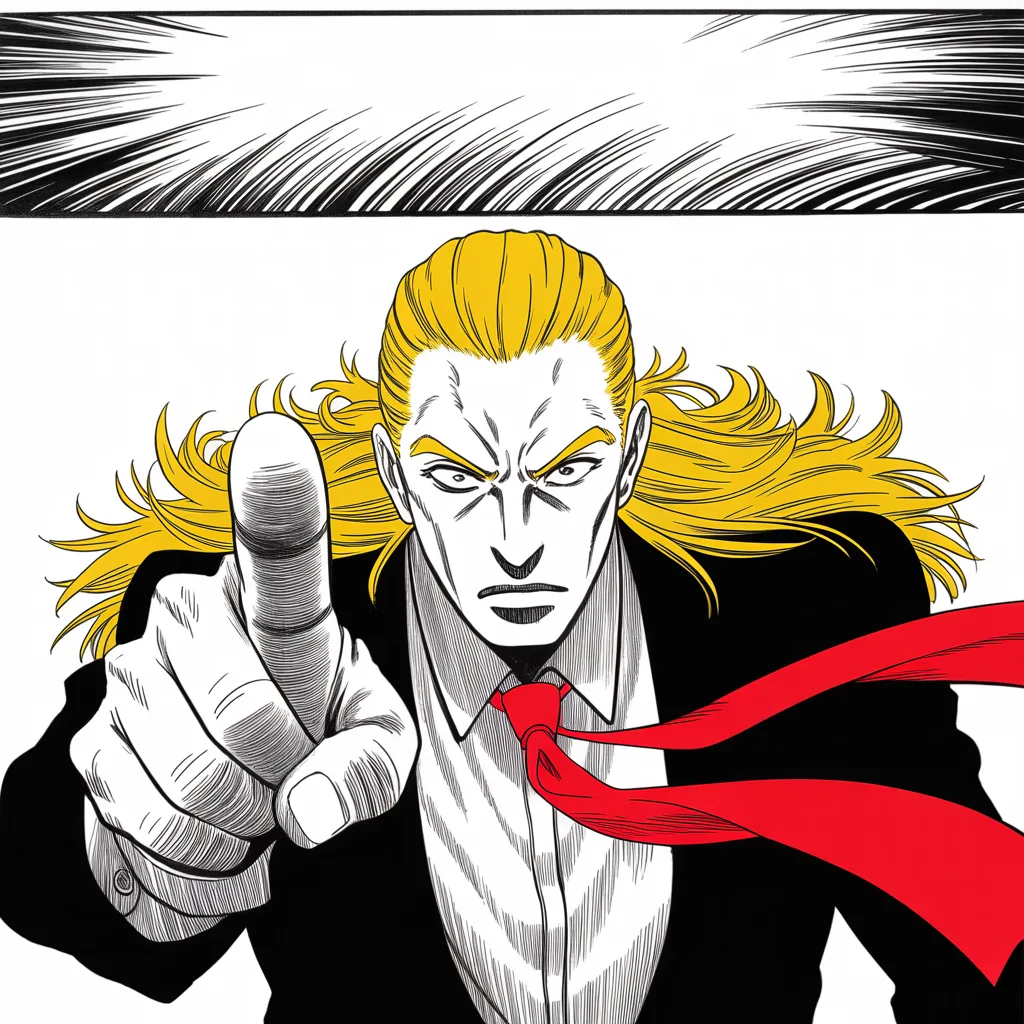 Low angle shot of an imposing older man with a sweeping golden pompadour mane, heavy brow, small intense eyes, strong jowled jaw, long dark suit, very long red necktie flowing like a battle banner, mane haloed by harsh light, jabbing a finger forward, jagged speed lines.