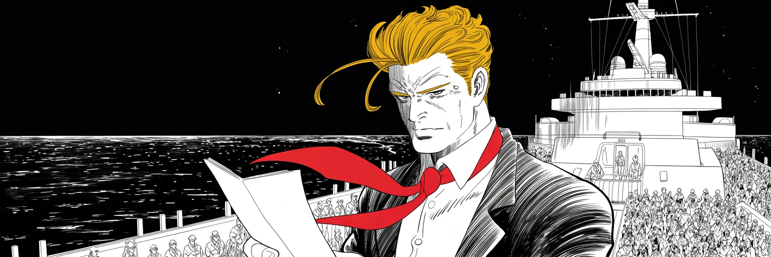 Imposing older man with a sweeping golden pompadour mane, heavy brow, small intense eyes, strong jowled jaw, long dark suit, very long red necktie flowing like a battle banner, reading a paper at a podium on the floodlit deck of a giant warship at night, vast halftone crowd below.