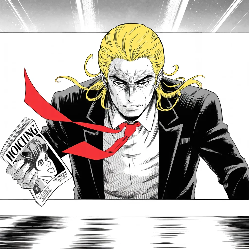 Manga panel 3 of 5, Week 26 “The World's Answer”: imposing older man with a sweeping golden pompadour mane, heavy brow, small intense eyes, strong jowled jaw, long dark suit, very long red necktie flowing like a battle banner held to the middle…