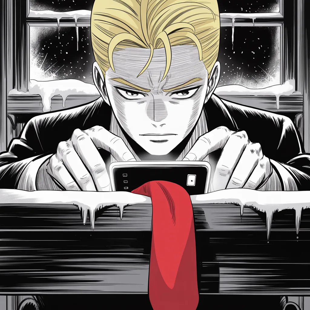 Manga panel 2 of 5, Week 28 “The Year's Coldest Warning”: Extreme close-up of thumbs over a glowing phone screen in the upper half of the frame in a dim winter study, the pale light carving deep shadows across a heavy brow and small intense eyes, frost…