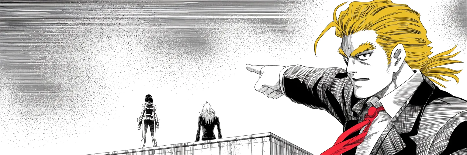 Manga panel 5 of 5, Week 28 “The Year's Coldest Warning”: imposing older man with a sweeping golden pompadour mane, heavy brow, small intense eyes, strong jowled jaw, long dark suit, very long red necktie flowing like a battle banner pressed against the…