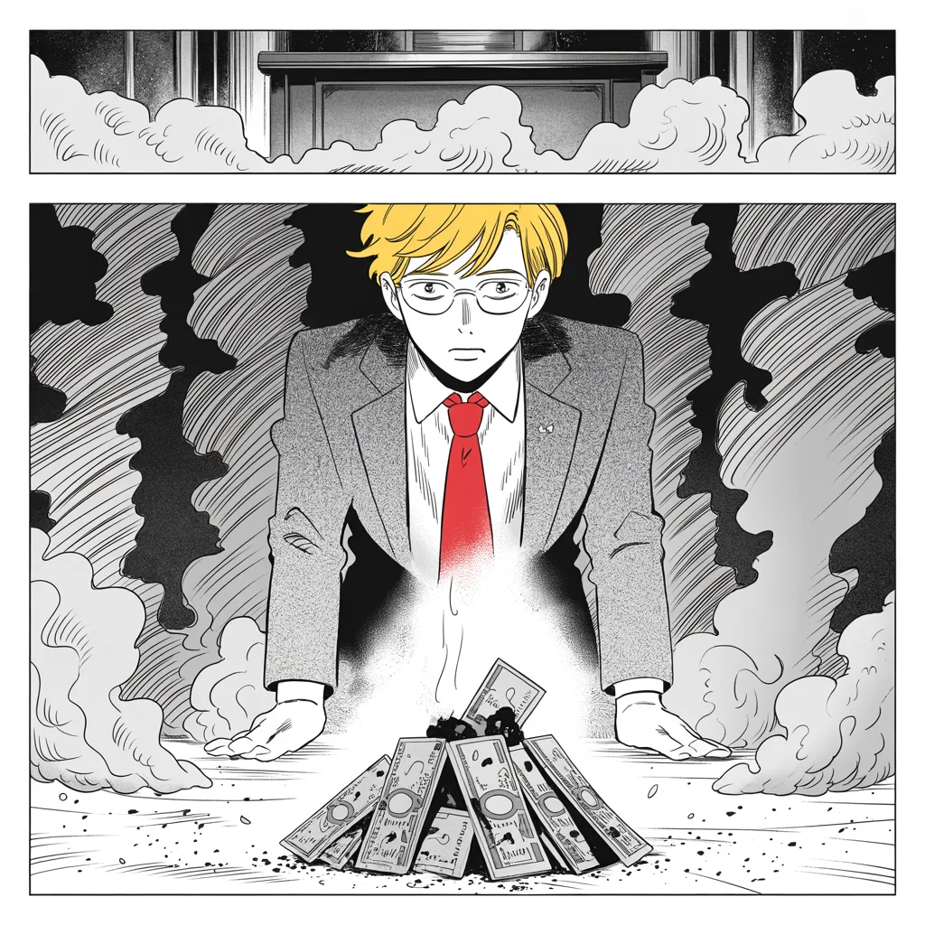 tall tired middle-aged man with rimless glasses, slightly stooped shoulders, neat suit, gentle defeated eyes kneels in falling ash beside a smoldering brazier of burning banknotes, heavy halftone smoke, his dim podium toppled behind him