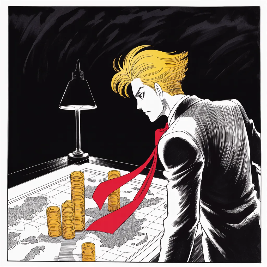 imposing older man with a sweeping golden pompadour mane, heavy brow, small intense eyes, strong jowled jaw, long dark suit, very long red necktie flowing like a battle banner plants three towering stacks of gold coins on a vast lamplit war map table, deep ink shadows