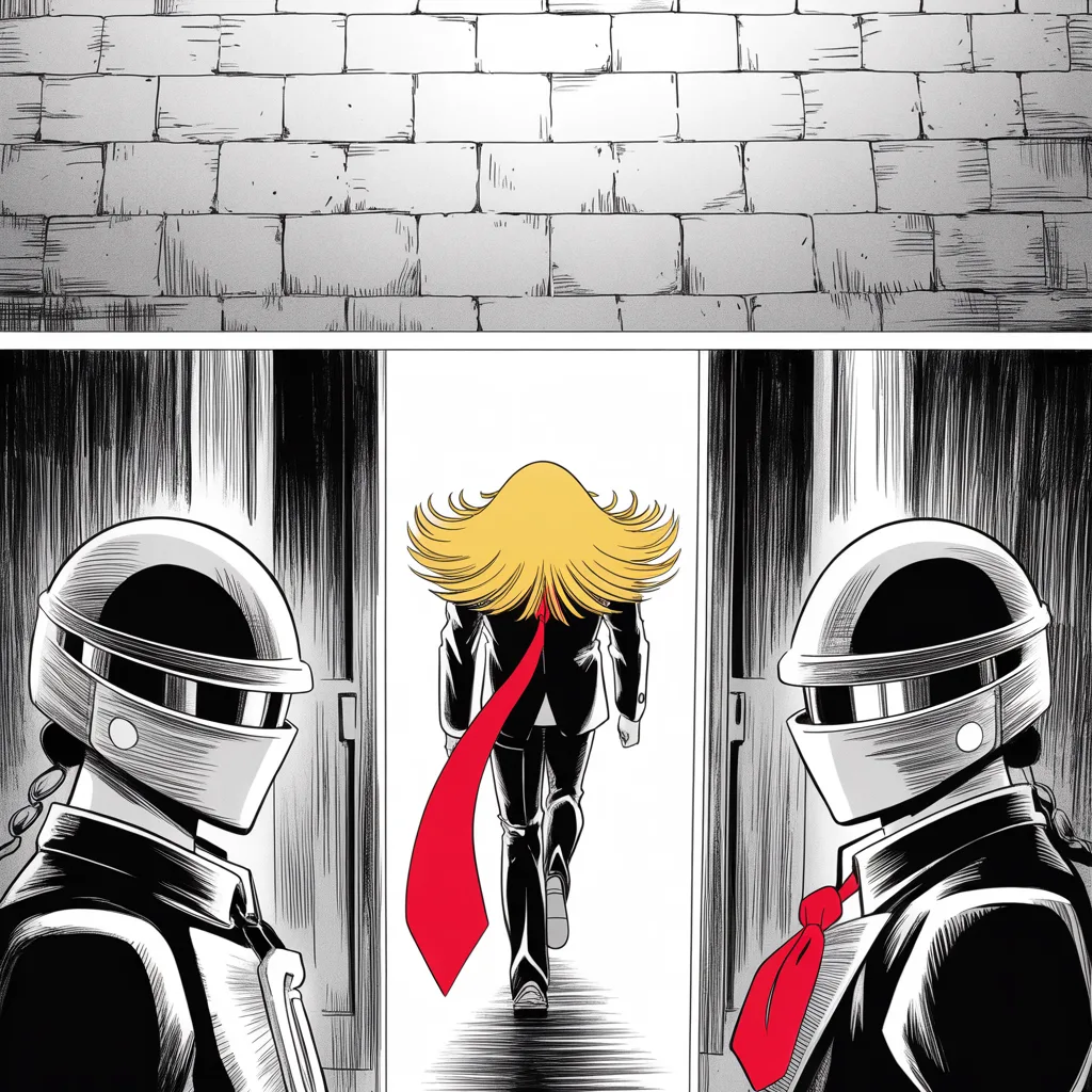 composed older woman with short blonde hair, tailored pantsuit like armor plating, measured strategist's gaze ringed by armored faceless bodyguards bristling with rifles as a vast pointing shadow with a long flowing necktie falls across them, harsh chiaroscuro