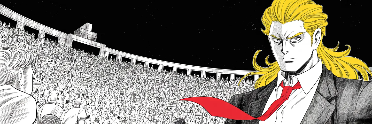 A colossal halftone crowd overflows an arena at night, spilling out its doors; imposing older man with a sweeping golden pompadour mane, heavy brow, small intense eyes, strong jowled jaw, long dark suit, very long red necktie flowing like a battle banner tiny on the distant stage
