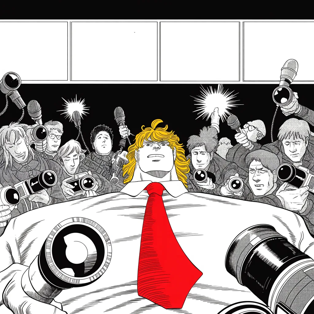 Manga panel 4 of 5, Week 30 “Snow, Omens, and an Unfought War”: crowd of featureless figures with camera lenses for faces, microphone thicket and flash bursts parting in the lower half of the frame around an unmoved broad figure whose very long red necktie cuts…