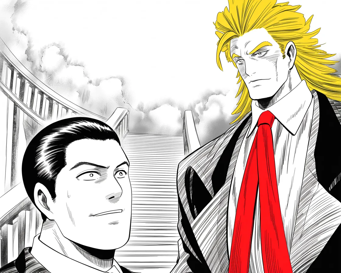 round-faced man with slick dark hair, hooded eyes, thin smile, courtroom bearing pleads up a vast marble stair toward imposing older man with a sweeping golden pompadour mane, heavy brow, small intense eyes, strong jowled jaw, long dark suit, very long red necktie flowing like a battle banner