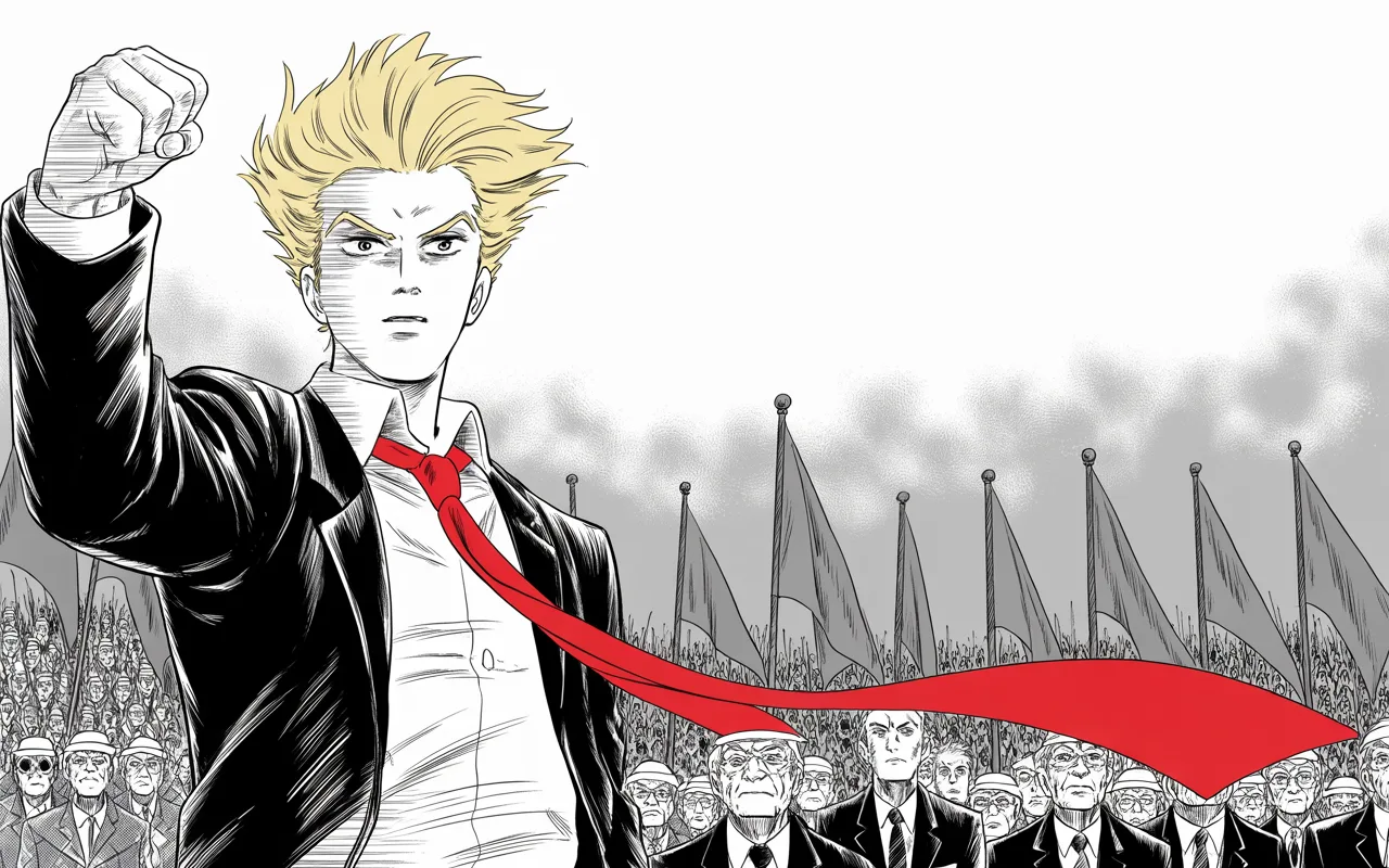 imposing older man with a sweeping golden pompadour mane, heavy brow, small intense eyes, strong jowled jaw, long dark suit, very long red necktie flowing like a battle banner raises a fist at a podium before rows of saluting old soldiers and towering flags, halftone crowd roaring
