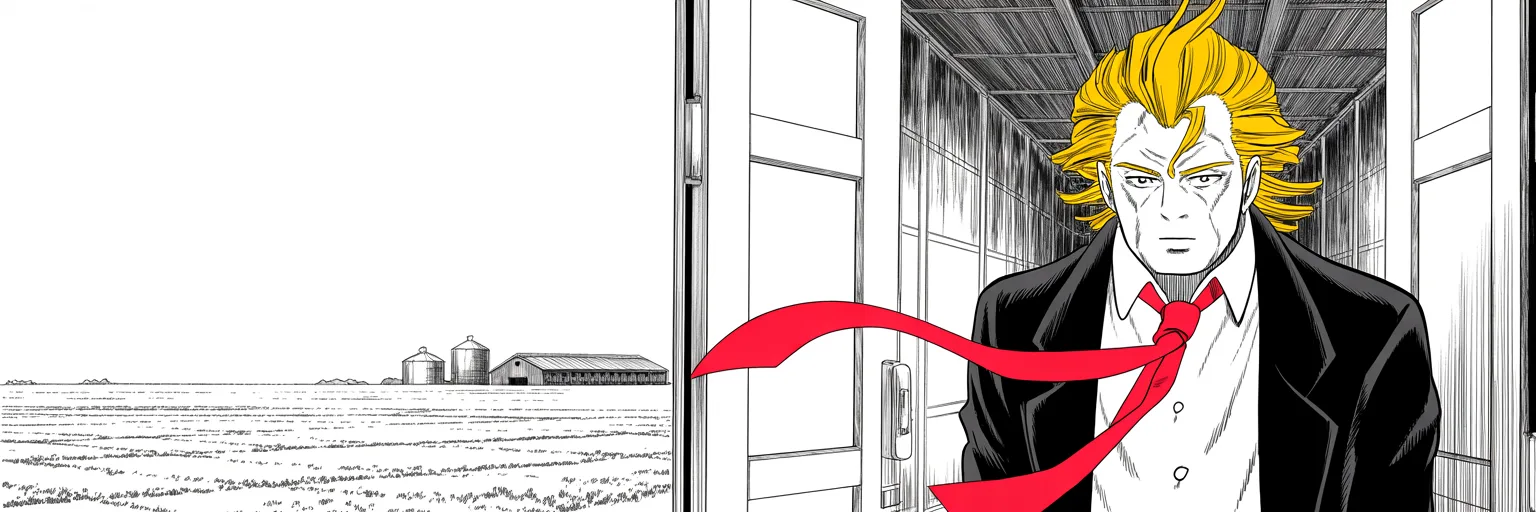 frozen prairie at dawn, grain silos on the horizon; imposing older man with a sweeping golden pompadour mane, heavy brow, small intense eyes, strong jowled jaw, long dark suit, very long red necktie flowing like a battle banner stands silhouetted against the rising sun as hall doors swing open