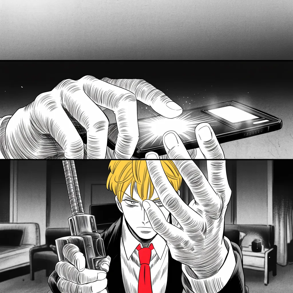 Manga panel 2 of 5, Week 34 “The First Wound”: Extreme close-up of thumbs poised over a glowing phone screen in the middle strip of the frame in cold gray morning light, harsh halftone glare on the glass, tendons taut, dark hotel room blurred…