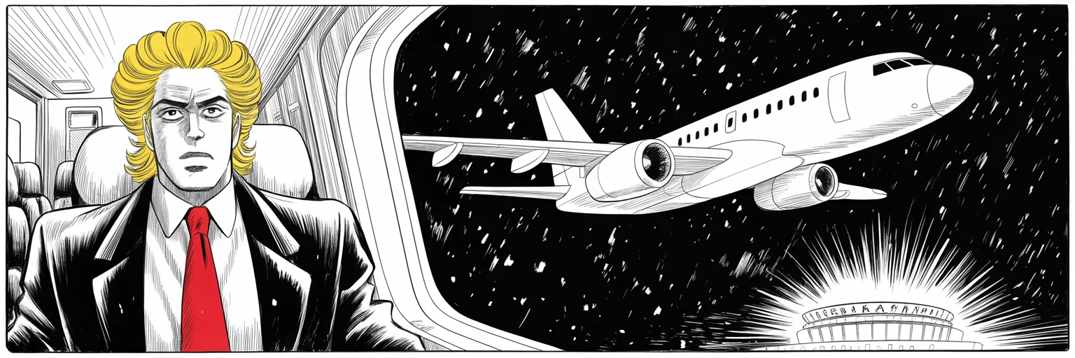 Manga panel 5 of 5, Week 34 “The First Wound”: Private jet climbing through night snowfall across the right half of the frame, a distant stadium's glow shrinking far below the wing at the lower right; at the cabin window sits the imposing older…