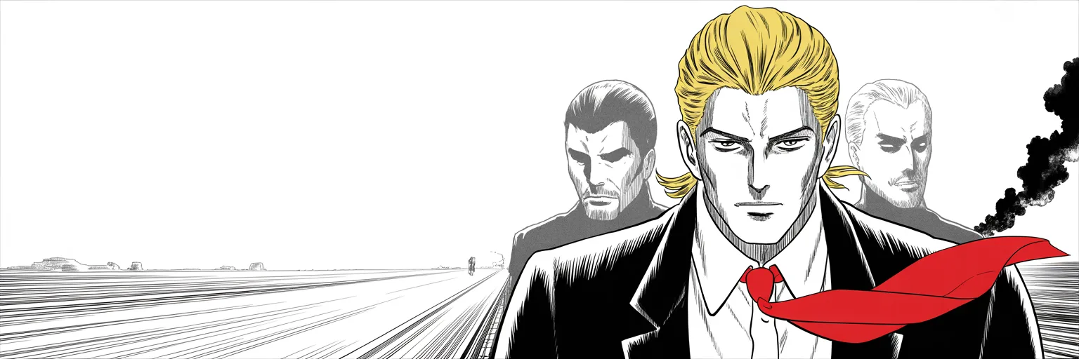 Manga panel 5 of 5, Week 35 “New Hampshire Answers”: southern highway under a hot white sky, imposing older man with a sweeping golden pompadour mane, heavy brow, small intense eyes, strong jowled jaw, long dark suit, very long red necktie flowing…