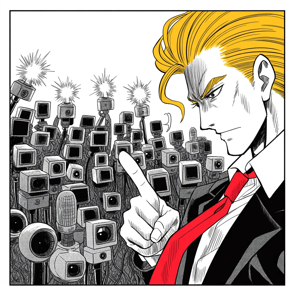 Manga panel 3 of 5, Week 36 “The Heir-Knight Leaves the Field”: crowd of featureless figures with camera lenses for faces and a microphone thicket packed across the lower half of the frame, flash bursts like artillery fire; the imposing older man with a sweeping…