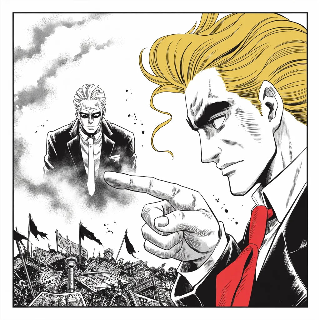Manga panel 2 of 5, Week 37 “Never Let Them See You Sweat”: a gaunt phantom of a silver-templed patrician in an immaculate suit rises from mist over an old lost battlefield strewn with torn banners across the lower half of the frame; the imposing older man…