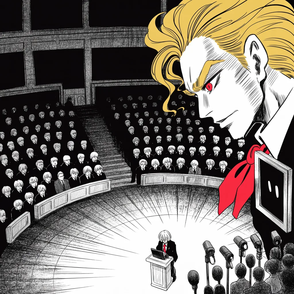 A silver-haired patrician elder thunders from a university lectern before crowd of featureless figures with camera lenses for faces, microphone thicket, flash bursts; on a dark screen the imposing older man with a sweeping golden pompadour mane watches, eyes shadowed under the brow