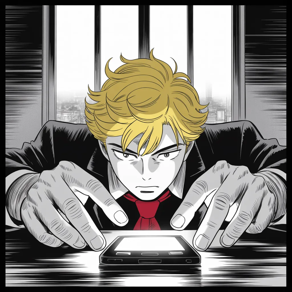 Cold dawn light in a tower office high above the city; extreme close-up of heavy thumbs over a glowing phone screen reflected in small intense eyes under a heavy brow, sweeping golden pompadour mane catching the first light