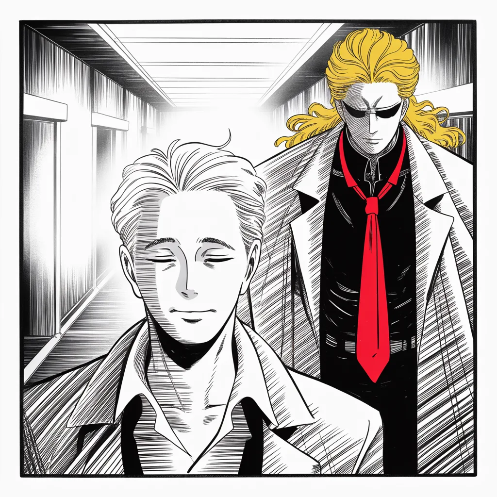 A serene older man with half-closed eyes, gentle stillness, surgeon's calm walks away down a long empty corridor into pale light; behind him the imposing older man with a sweeping golden pompadour mane stands motionless, head slightly bowed, long red necktie hanging still