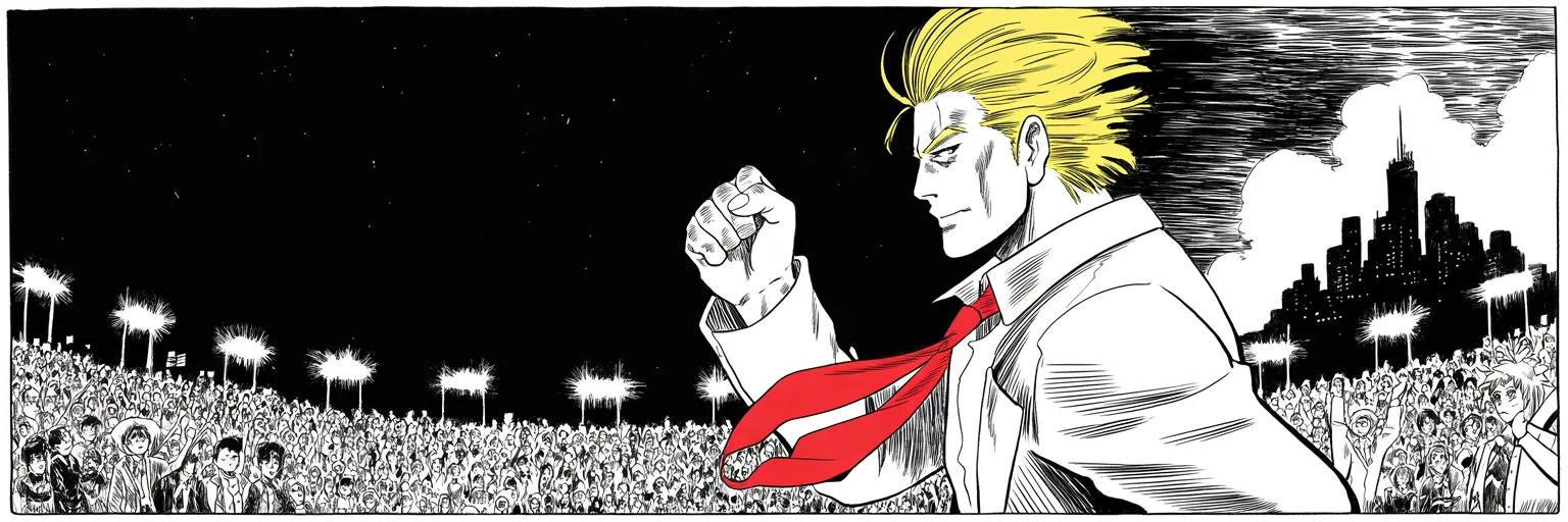 Night rally, halftone masses stretching beyond the stage lights; imposing older man with a sweeping golden pompadour mane, long red necktie snapping in the wind, fist raised; far on the horizon a great dark city skyline under gathering storm clouds