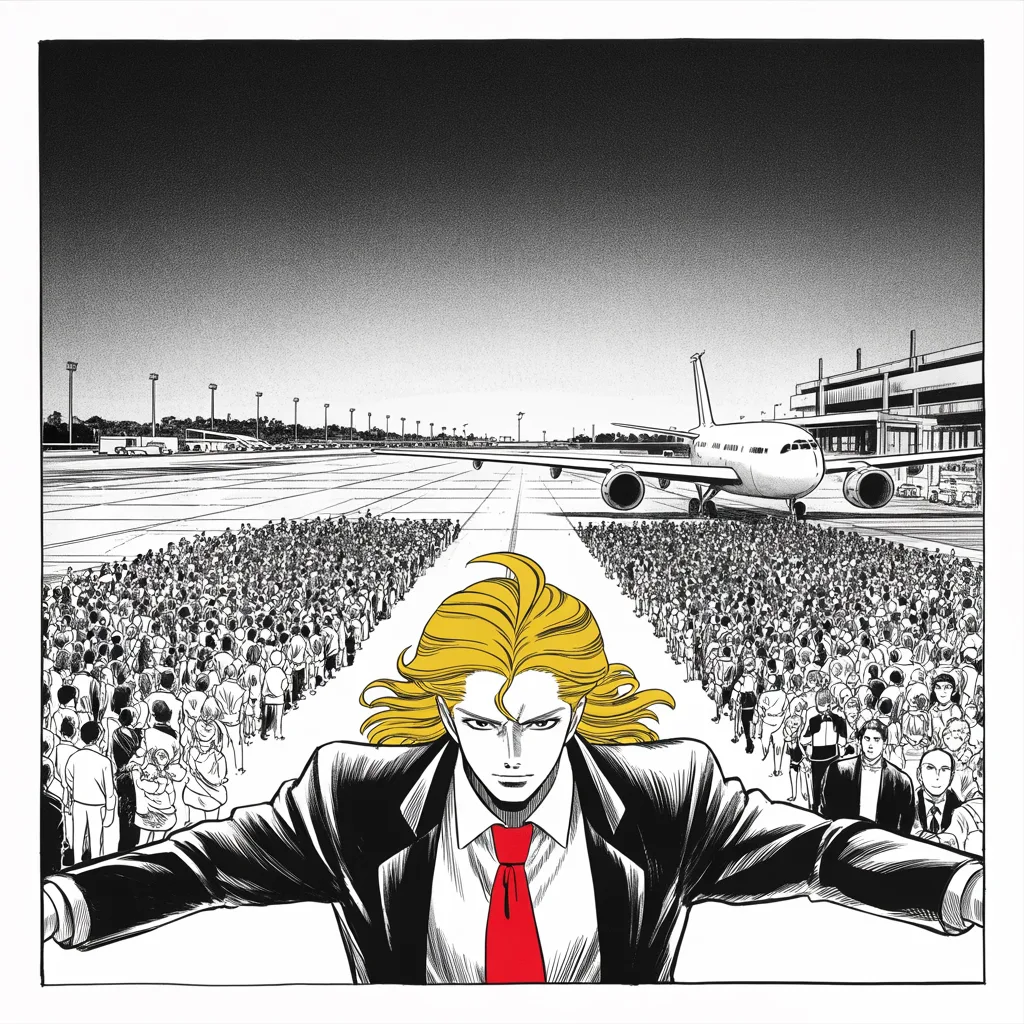 Manga panel 4 of 5, Week 39 “Smoke Over Chicago”: airport tarmac rally at dusk, a vast halftone sea of supporters stretching past the runway lights across the lower half of the frame, a great aircraft looming behind the stage at middle right…