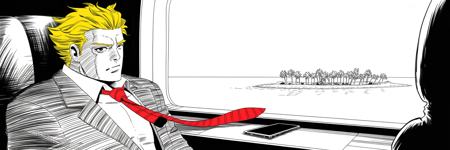 Manga panel 5 of 5, Week 39 “Smoke Over Chicago”: Ultra-wide cinemascope jet cabin at first light: imposing older man with a sweeping golden pompadour mane, heavy brow, small intense eyes seated at the left third of the frame gazes through the…