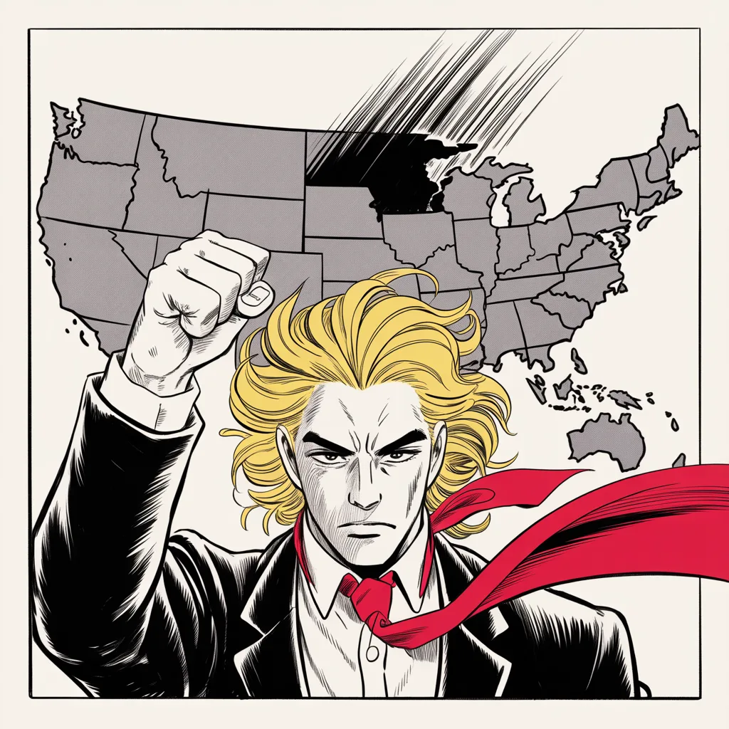 Manga panel 3 of 5, Week 40 “The Ides of March”: imposing older man with a sweeping golden pompadour mane, heavy brow, small intense eyes, strong jowled jaw, long dark suit, very long red necktie flowing like a battle banner raises a fist in the…