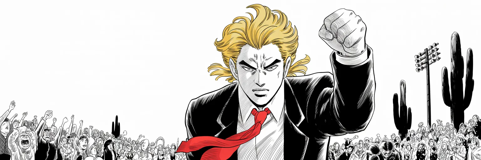 Manga panel 5 of 5, Week 41 “Ashes and the Drawn Blade”: Ultra-wide cinemascope desert night rally: imposing older man with a sweeping golden pompadour mane, heavy brow, small intense eyes, strong jowled jaw, long dark suit, very long red necktie flowing…