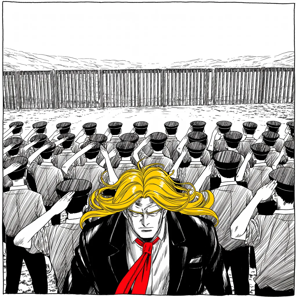 rows of faceless uniformed patrol agents salute before a towering steel border fence in desert light; imposing older man with a sweeping golden pompadour mane and very long red necktie stands before them, shot from below, mane haloed like a helmet
