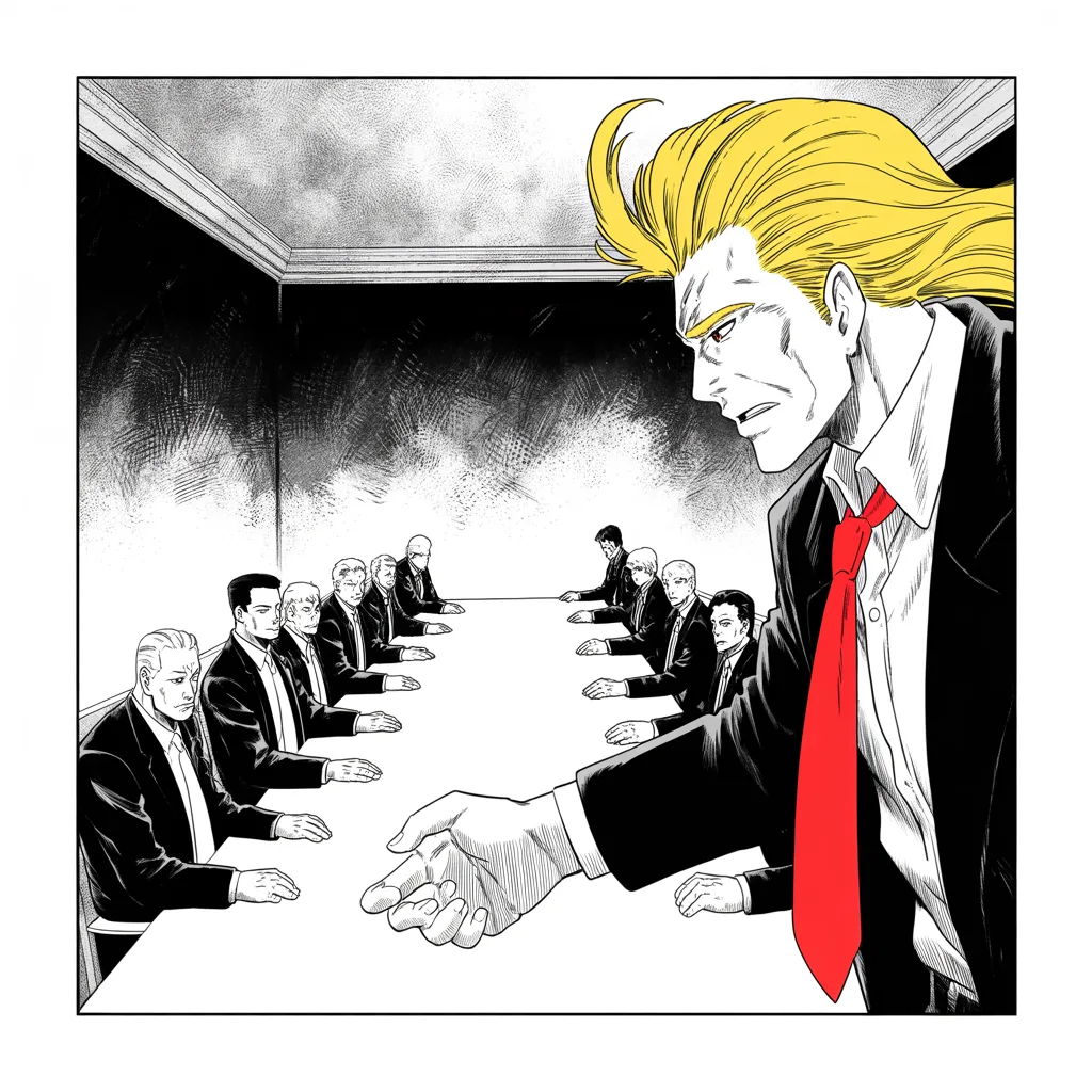 long shadowed council chamber, party elders seated as dark silhouettes down a table; imposing older man with a sweeping golden pompadour mane, strong jowled jaw, very long red necktie extends a handshake across the table, uneasy truce, heavy halftone gloom