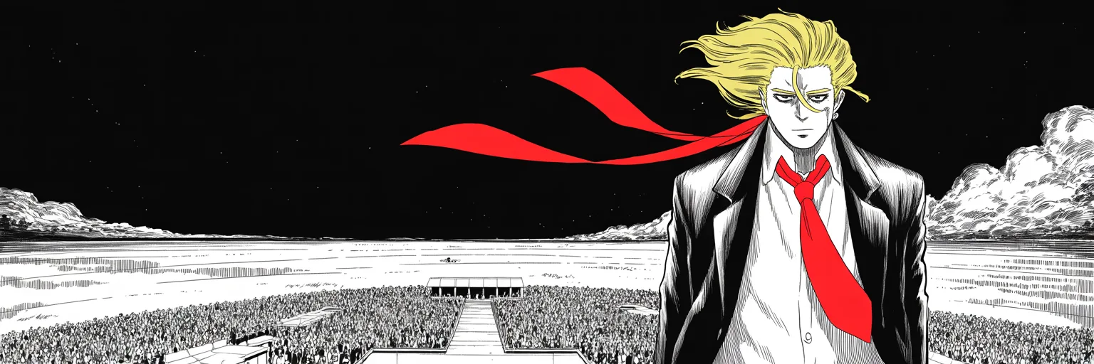 night over a vast midwestern plain, storm clouds massing on the horizon; imposing older man with a sweeping golden pompadour mane, long dark suit, very long red necktie flowing like a battle banner stands alone at the edge of an empty rally stage above a thinning halftone crowd