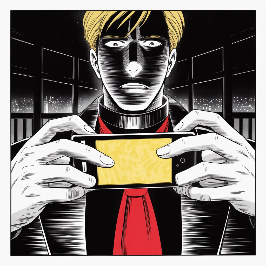 Manga panel 3 of 5, Week 43 “The Colorado Heist”: extreme close-up of thumbs over a glowing phone screen in a dark tower bedroom across the upper half of the frame, the glow carving a heavy brow and small intense eyes out of blackness, city lights…