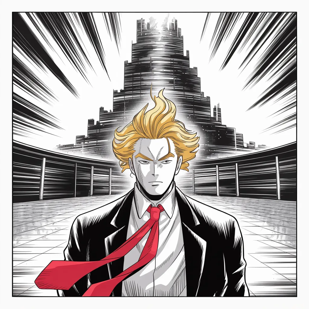 imposing older man with a sweeping golden pompadour mane, heavy brow, small intense eyes, strong jowled jaw, long dark suit, very long red necktie flowing like a battle banner stands before a fortress-like tower, wrapped in a blazing rising battle aura, halftone energy climbing skyward