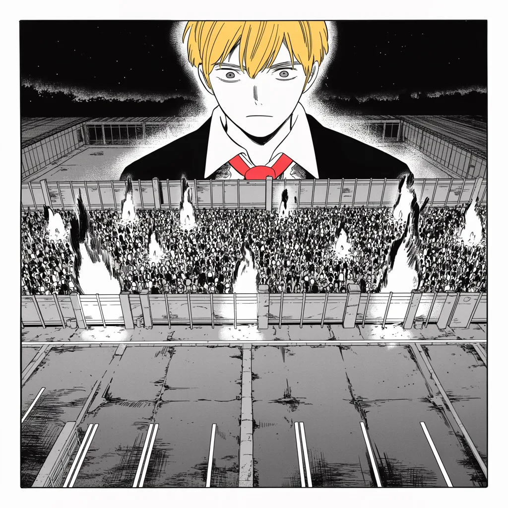 vast night rally seen from above, halftone masses packed inside stadium gates while smoke and burning debris rise beyond the fences, torn flag scraps in the wind, police lines as dark silhouettes, heavy chiaroscuro night