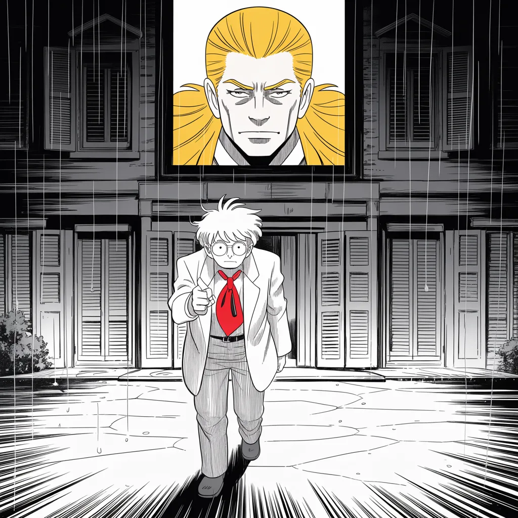 stooped elderly man with flyaway white hair, round glasses, pointing finger stands alone in falling rain before a shuttered hall; far above, framed in a high tower window, an imposing older man with a sweeping golden pompadour mane and heavy brow watches with something like pity