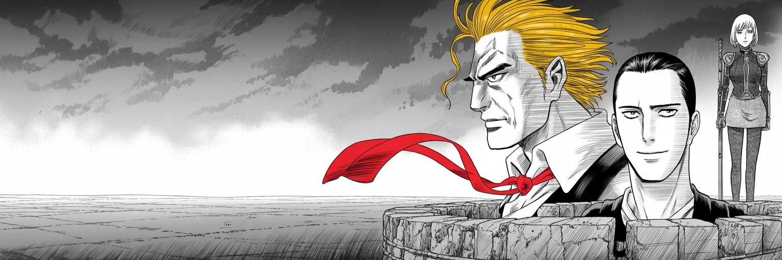 storm-lit plain at dawn: imposing older man with a sweeping golden pompadour mane, heavy brow, very long red necktie flowing like a battle banner marches on a crumbling rampart held by a round-faced man with slick dark hair, hooded eyes, thin smile; beyond, a woman in pantsuit armor waits