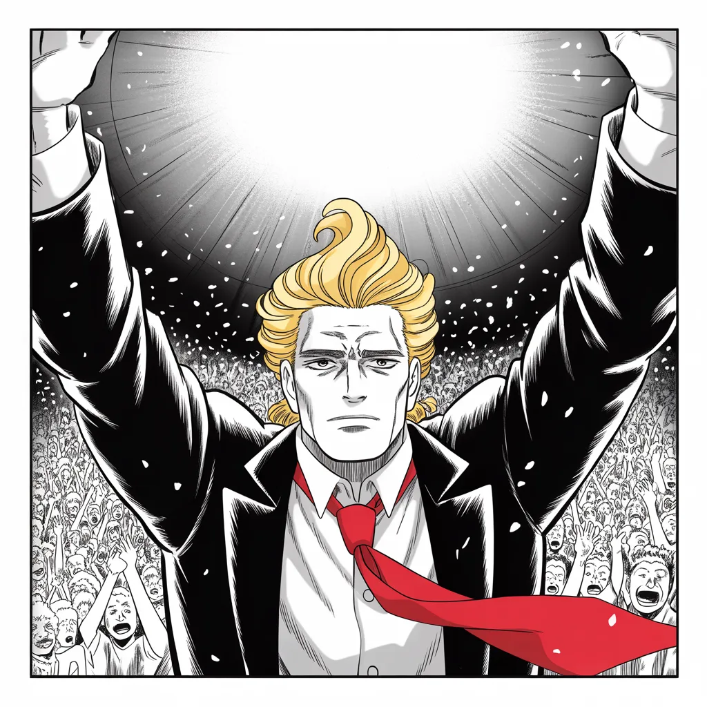 Manga panel 2 of 5, Week 47 “The Field Stands Empty”: shot from below, an imposing older man with a sweeping golden pompadour mane haloed in stage light, heavy brow, strong jowled jaw, very long red necktie flowing like a battle banner, both arms…