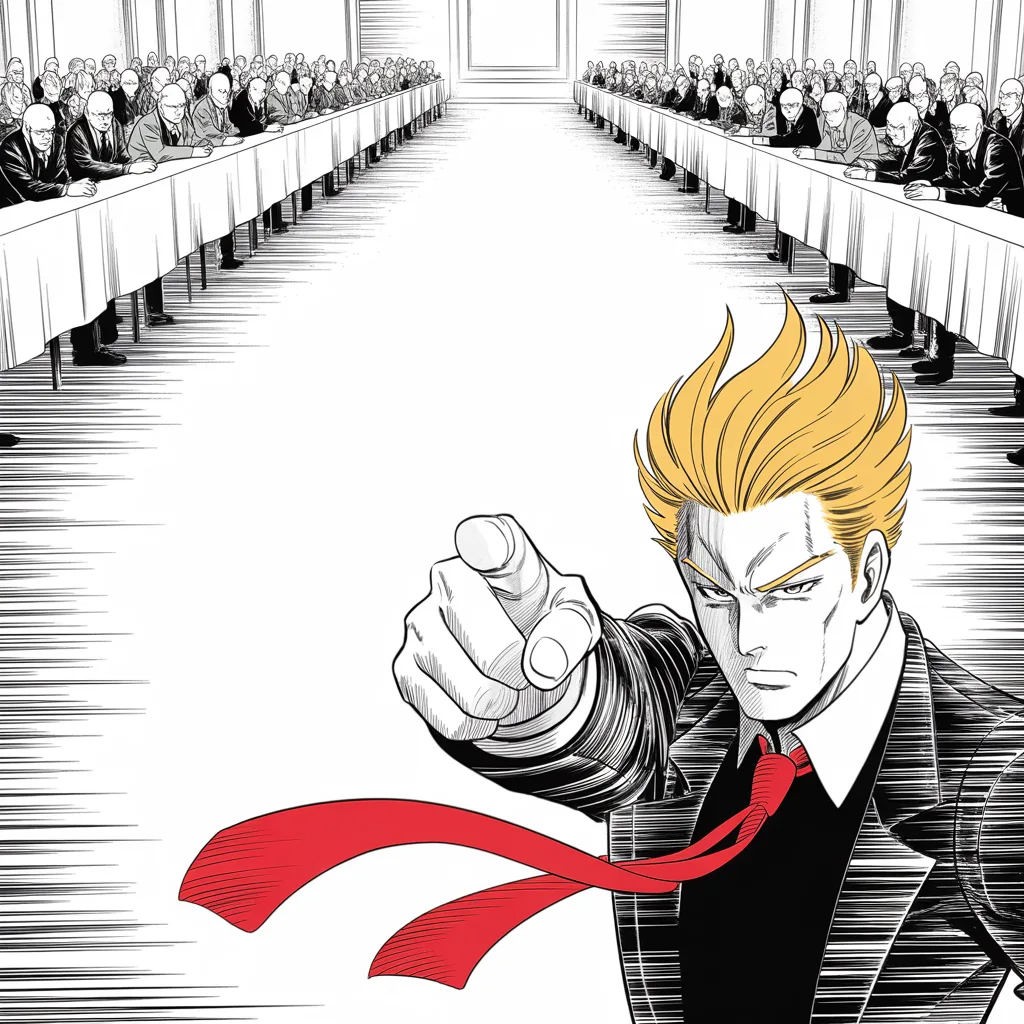 Manga panel 4 of 5, Week 47 “The Field Stands Empty”: vast marble party hall, rows of shadowed elder figures look down from high benches along the top of the square frame; alone at the center, imposing older man with a sweeping golden pompadour mane…