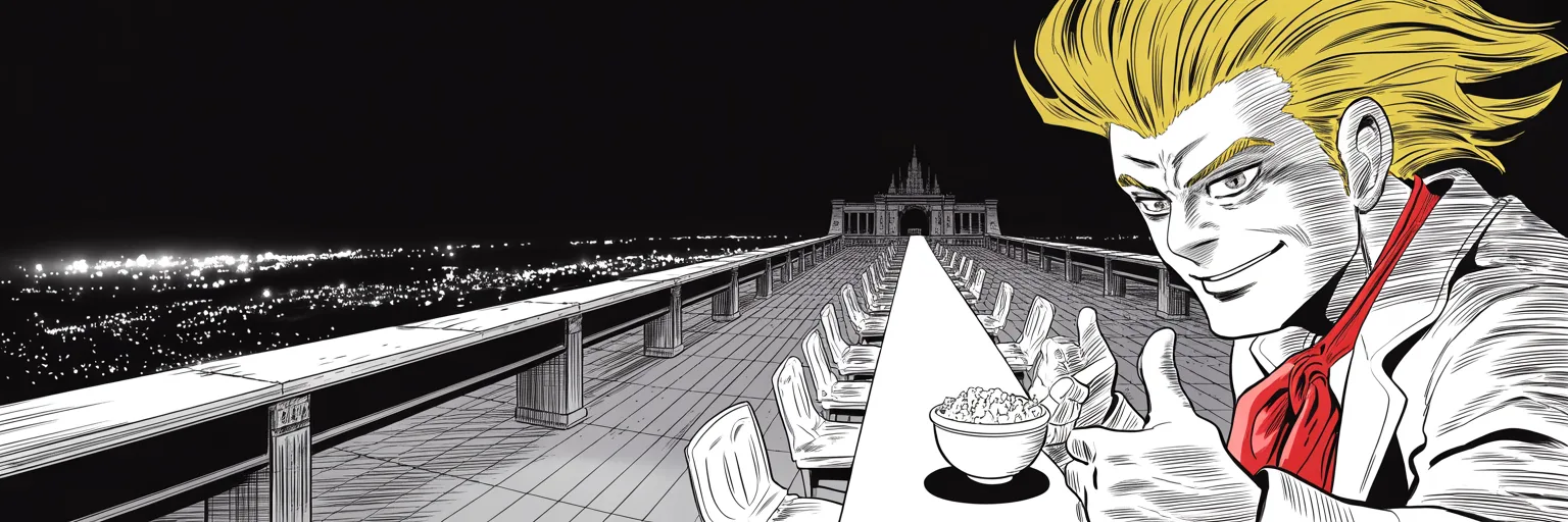 Manga panel 5 of 5, Week 47 “The Field Stands Empty”: ultra-wide summit of a fortress-like tower: at the right half of the frame an imposing older man with a sweeping golden pompadour mane, heavy brow, small intense eyes, strong jowled jaw grins over a…