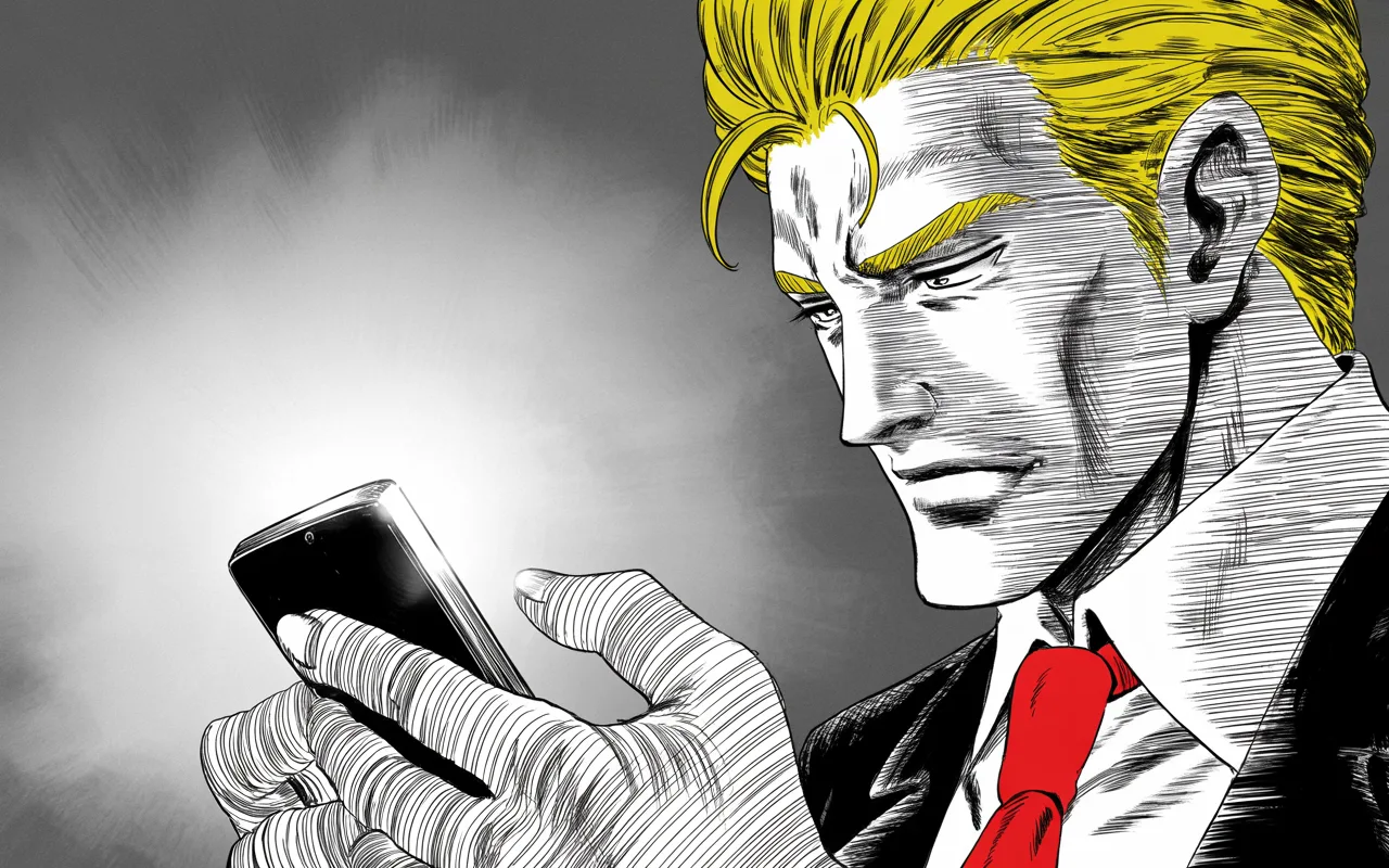 Manga panel 3 of 4, Week 48 “The Capital Bends the Knee”: extreme close-up filling the right half of the frame: heavy thumbs hovering over a glowing phone screen in gray dawn light, the glow carving chiaroscuro shadows across a strong jowled jaw and heavy…