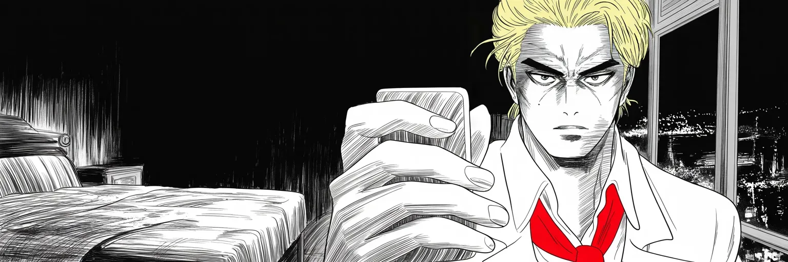 Manga panel 5 of 5, Week 49 “The Duel Is Joined”: ultra-wide: extreme close-up of thumbs hovering over a glowing phone screen in a darkened tower bedroom on the right half of the frame, the pale light carving a heavy-browed face out of blackness…