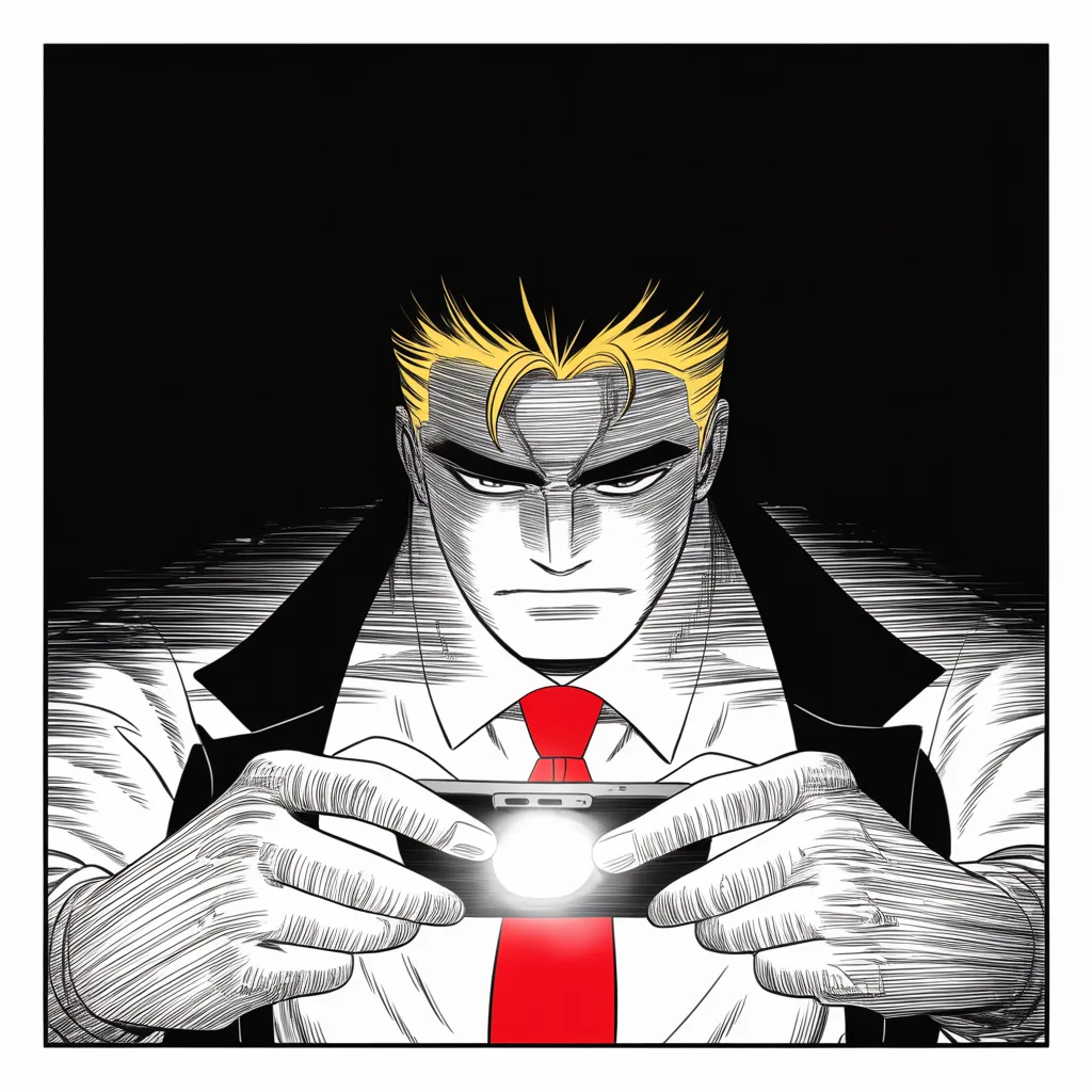 Manga panel 2 of 5, Week 50 “The Number Falls”: pitch-dark bedroom at a tower summit, extreme close-up of heavy thumbs over a glowing phone screen in the lower middle of the square frame, the glow carving a heavy brow and strong jowled jaw from…