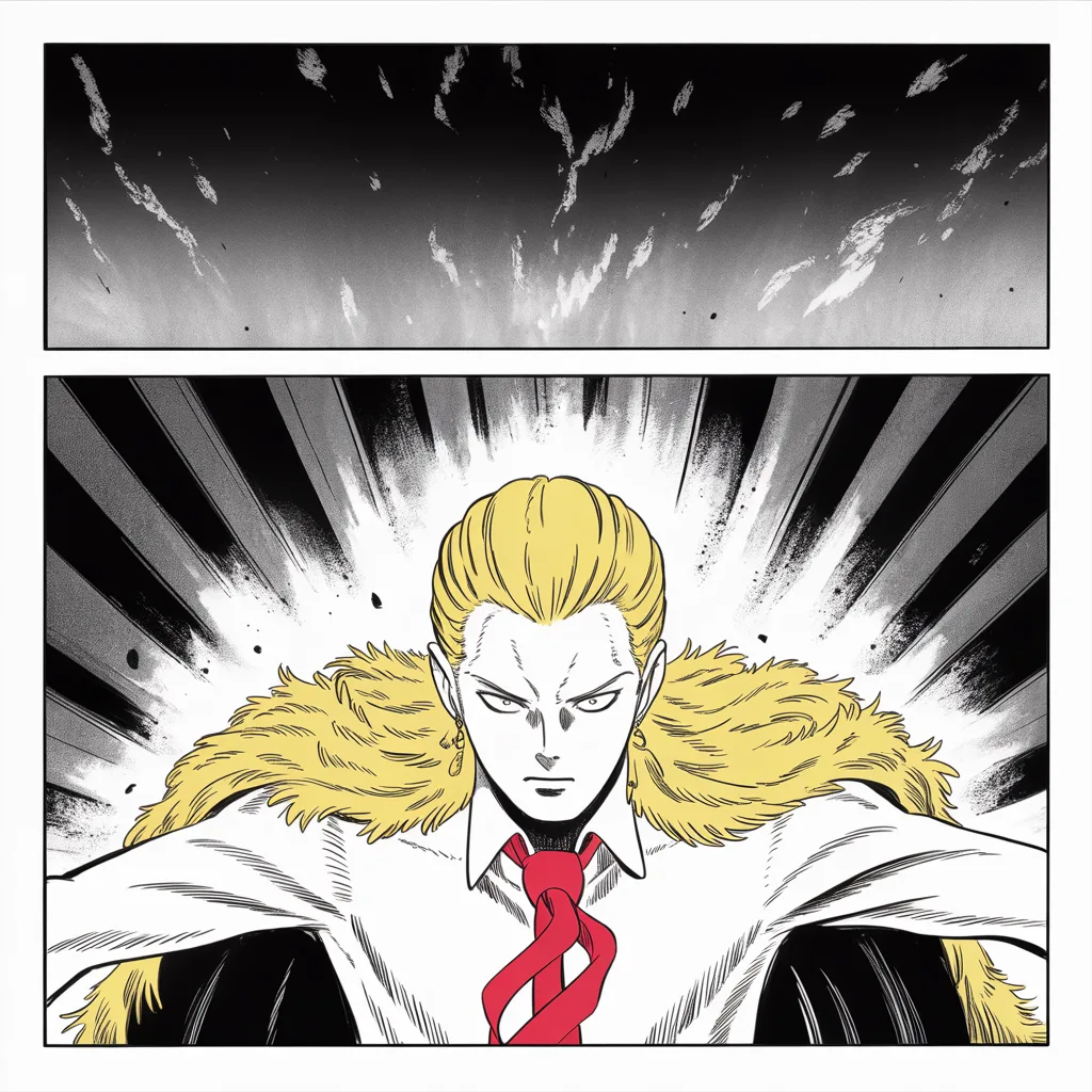 Manga panel 3 of 5, Week 50 “The Number Falls”: shot from below across the middle band of the square frame: imposing older man with a sweeping golden pompadour mane haloed like a helmet, small intense eyes blazing, very long red necktie flowing…