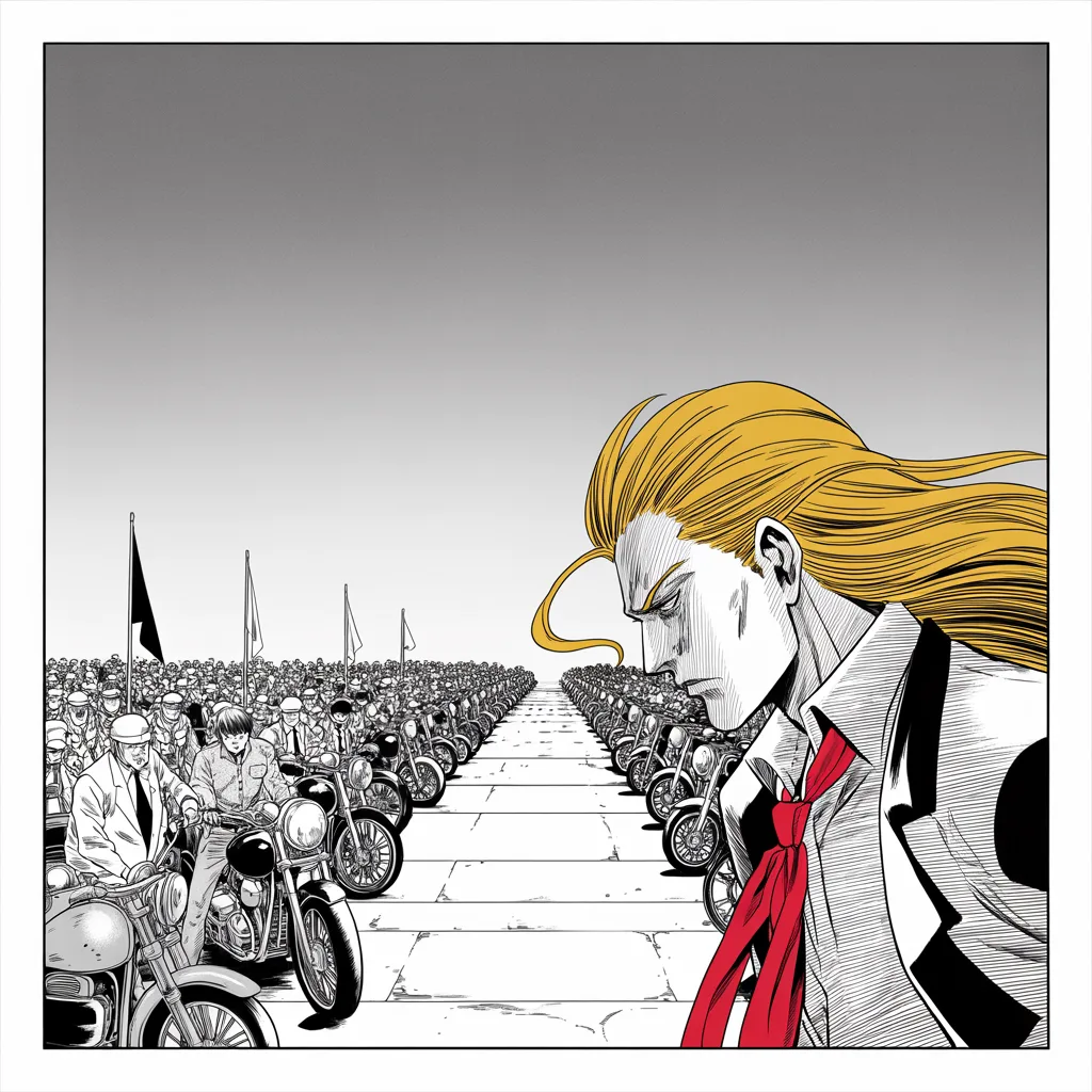 Manga panel 4 of 5, Week 50 “The Number Falls”: gray morning at a white marble memorial across the lower half of the square frame, a sea of motorcycles and weathered veterans in halftone; an imposing older man with a sweeping golden pompadour…