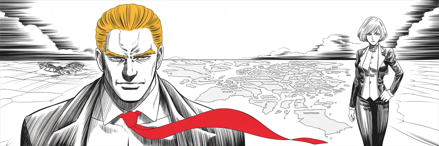 Manga panel 5 of 5, Week 50 “The Number Falls”: ultra-wide: imposing older man with a sweeping golden pompadour mane, heavy brow, very long red necktie flowing like a battle banner strides across a vast war map of conquered states covering the…