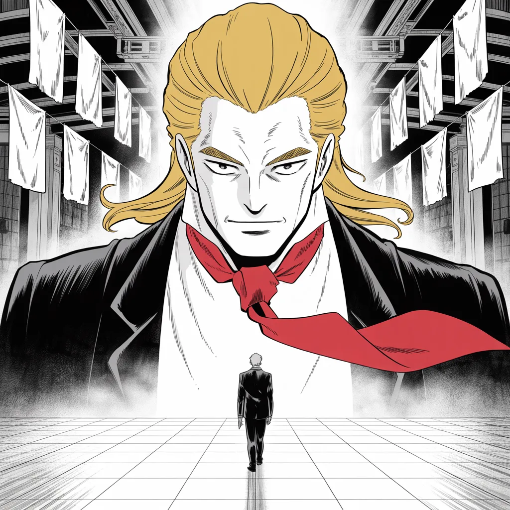 imposing older man with a sweeping golden pompadour mane, heavy brow, small intense eyes, strong jowled jaw, long dark suit, very long red necktie flowing like a battle banner receives the bow of a lean suited man in a vast marble hall, tattered party banners hanging overhead