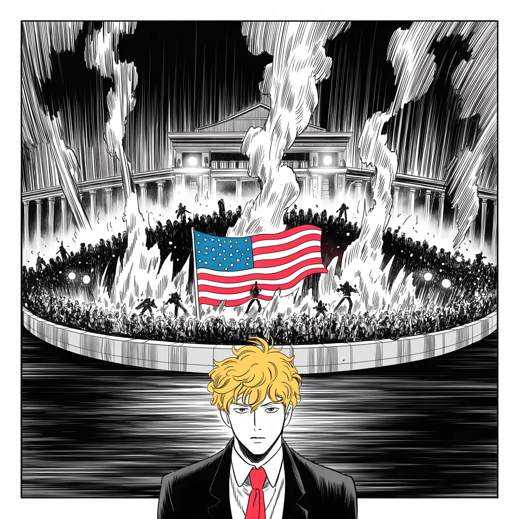 an American flag burns in a night street outside a rally hall, halftone mob silhouettes circling the flames, police lights streaking through smoke, embers rising in dramatic ink hatching
