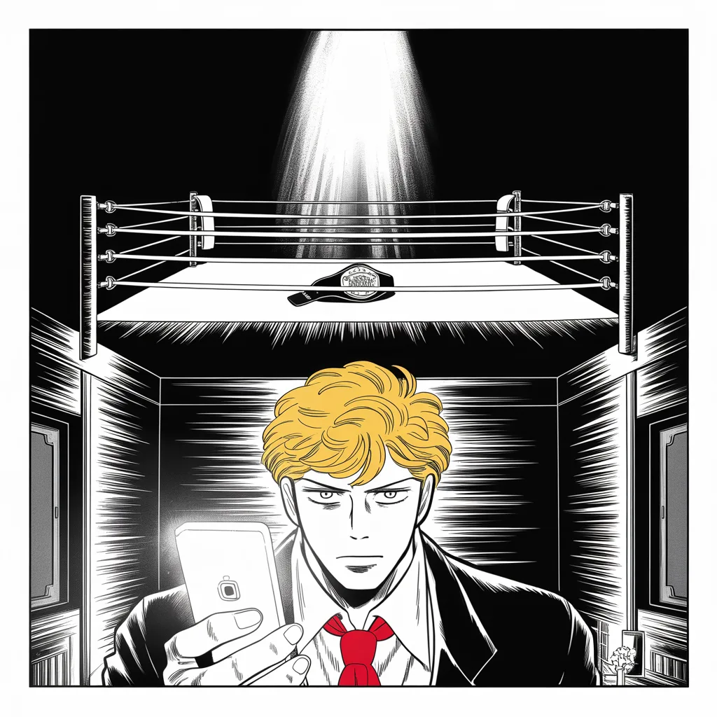 in a darkened tower bedroom a glowing phone lights a heavy-browed face from below; beyond the window an empty boxing ring floats in blackness under a single shaft of light, a championship belt resting on the canvas