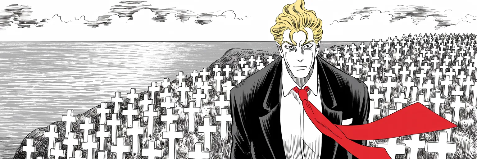imposing older man with a sweeping golden pompadour mane, heavy brow, small intense eyes, strong jowled jaw, long dark suit, very long red necktie flowing like a battle banner stands small among endless rows of white crosses on a cliff above a gray sea, heavy clouds breaking